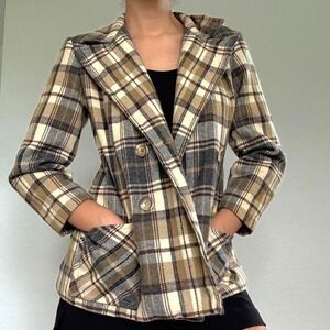 1970s-style tan and brown plaid wool blazer